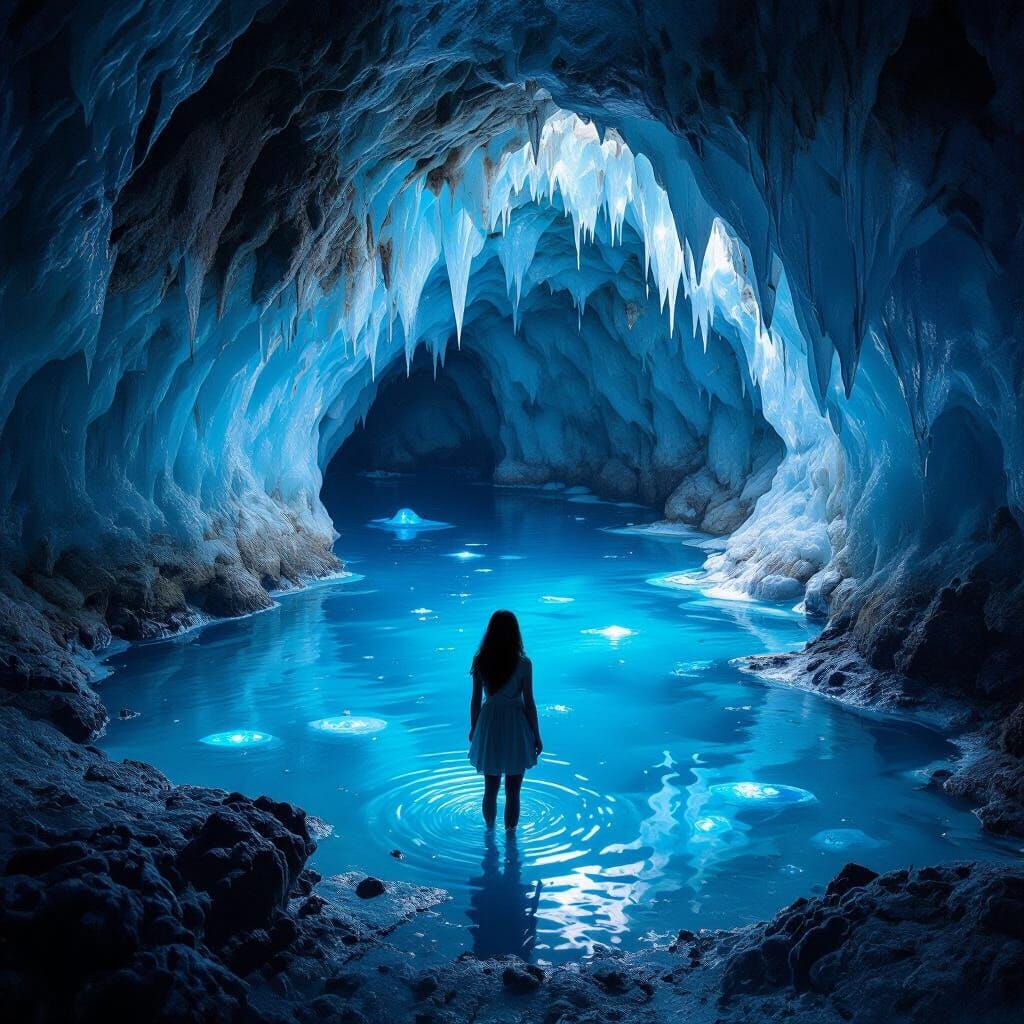 Woman Finds Bioluminescent Blue Ice Cave Lake