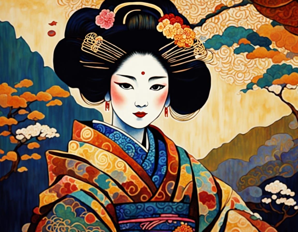 Ornate Geisha in Multicolored Batik Art Style