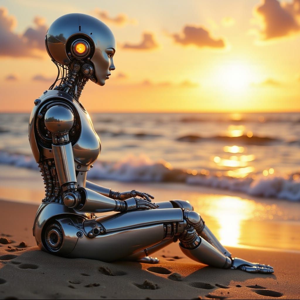 Robot Contemplates Ocean at Sunset