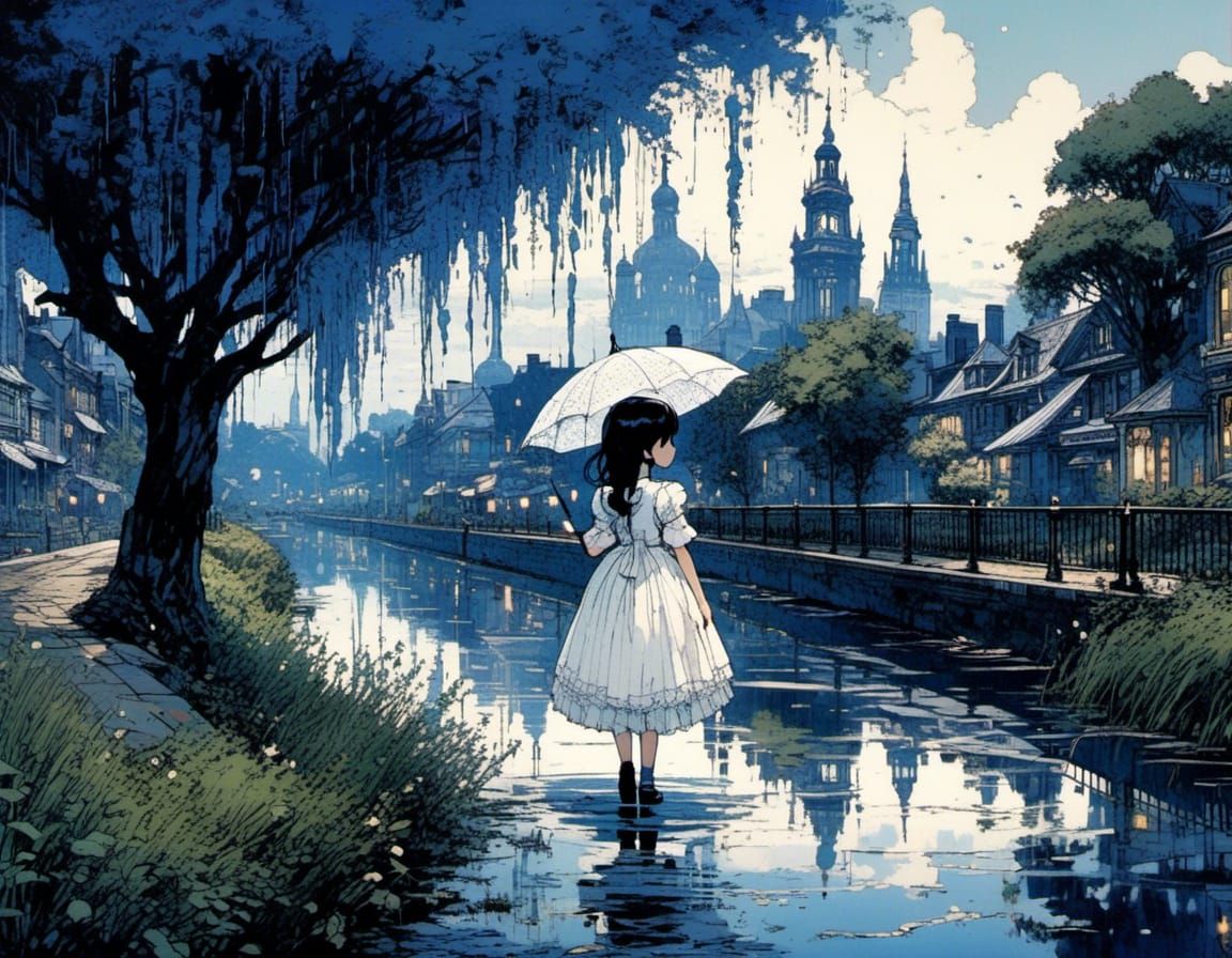 Victorian Girl Walks by River in the Rain