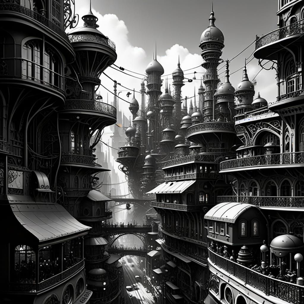 Monochrome Steampunk City of Filigree Wires
