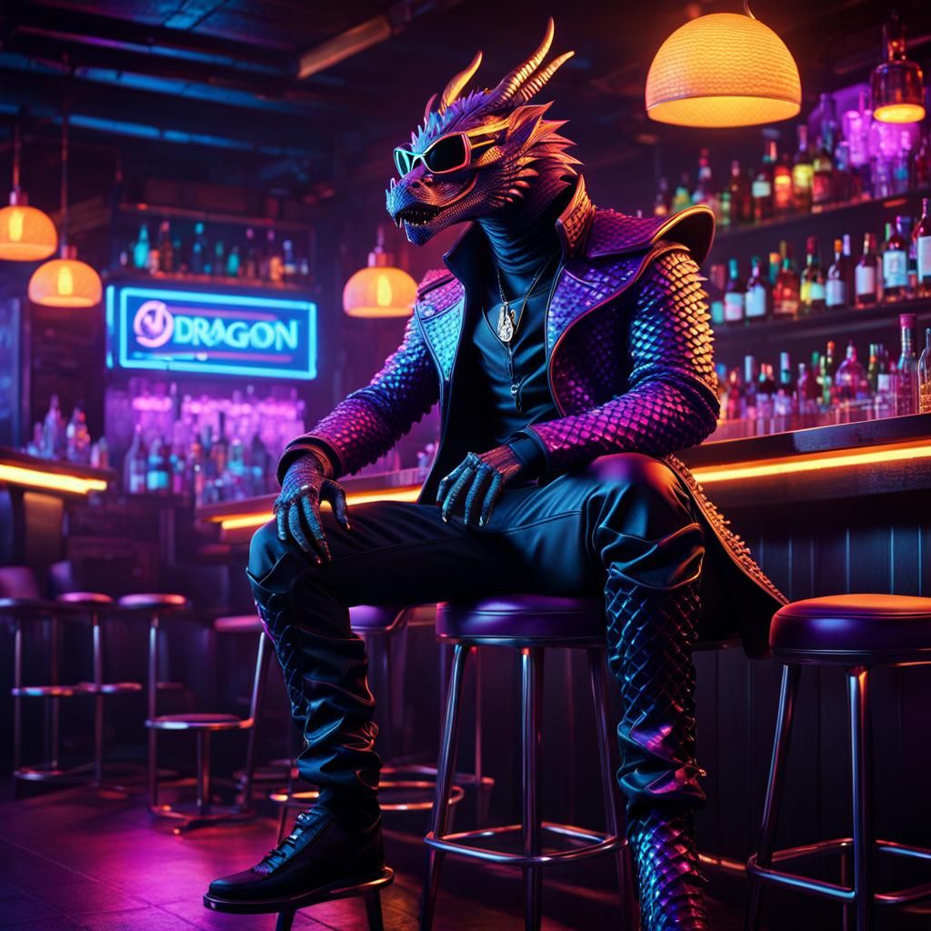 Cyberpunk Dragon Assassin at Neon Lounge Bar
