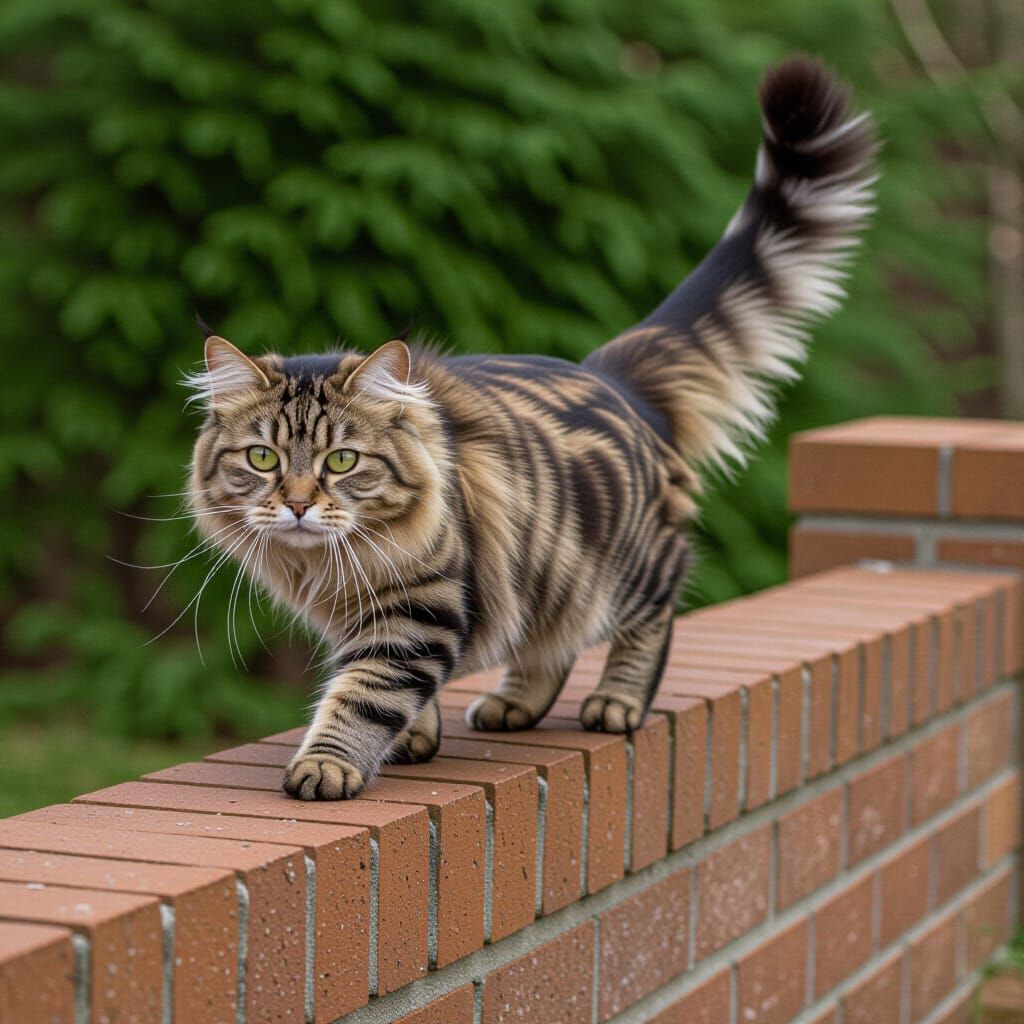 Feathered Cat Walking on a Brick Fence