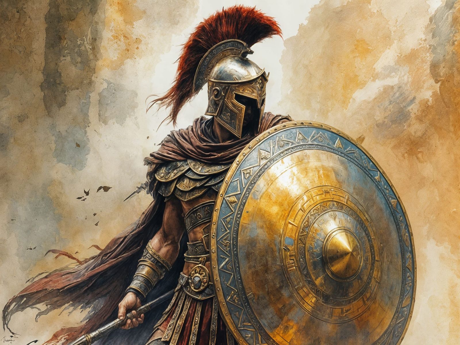 Hoplite Warrior in D&D Style, as Watercolor