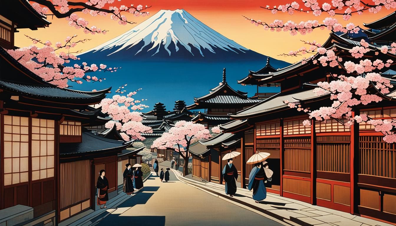 Bustling Japanese Street Scene in Ukiyo-e Style