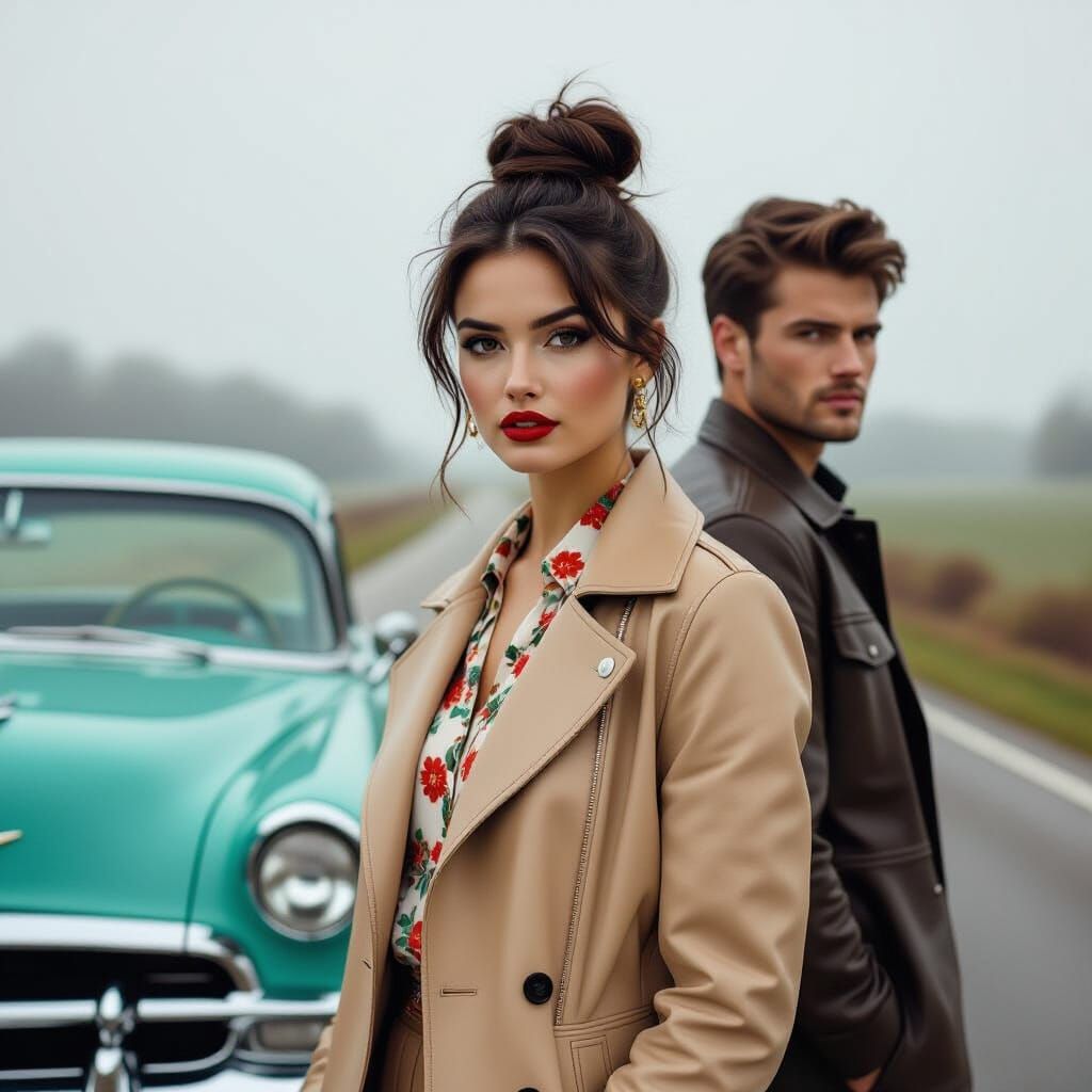 Vintage Photo of Woman and Car in Cinematic Style