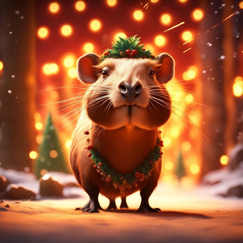Festive Capybara Awaits Christmas: Detailed Digital Painting