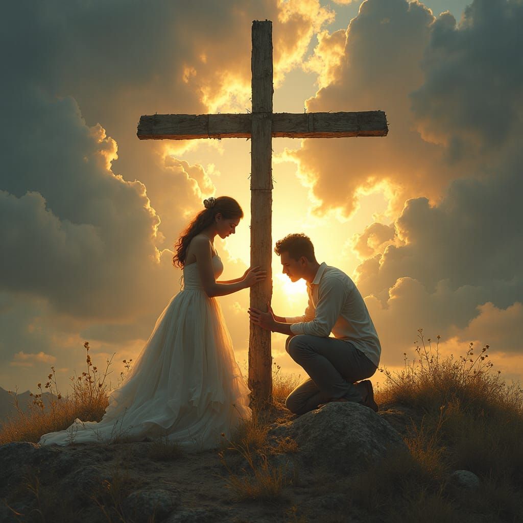Majestic Couple Bows to Weathered Cross in Stormy Landscape