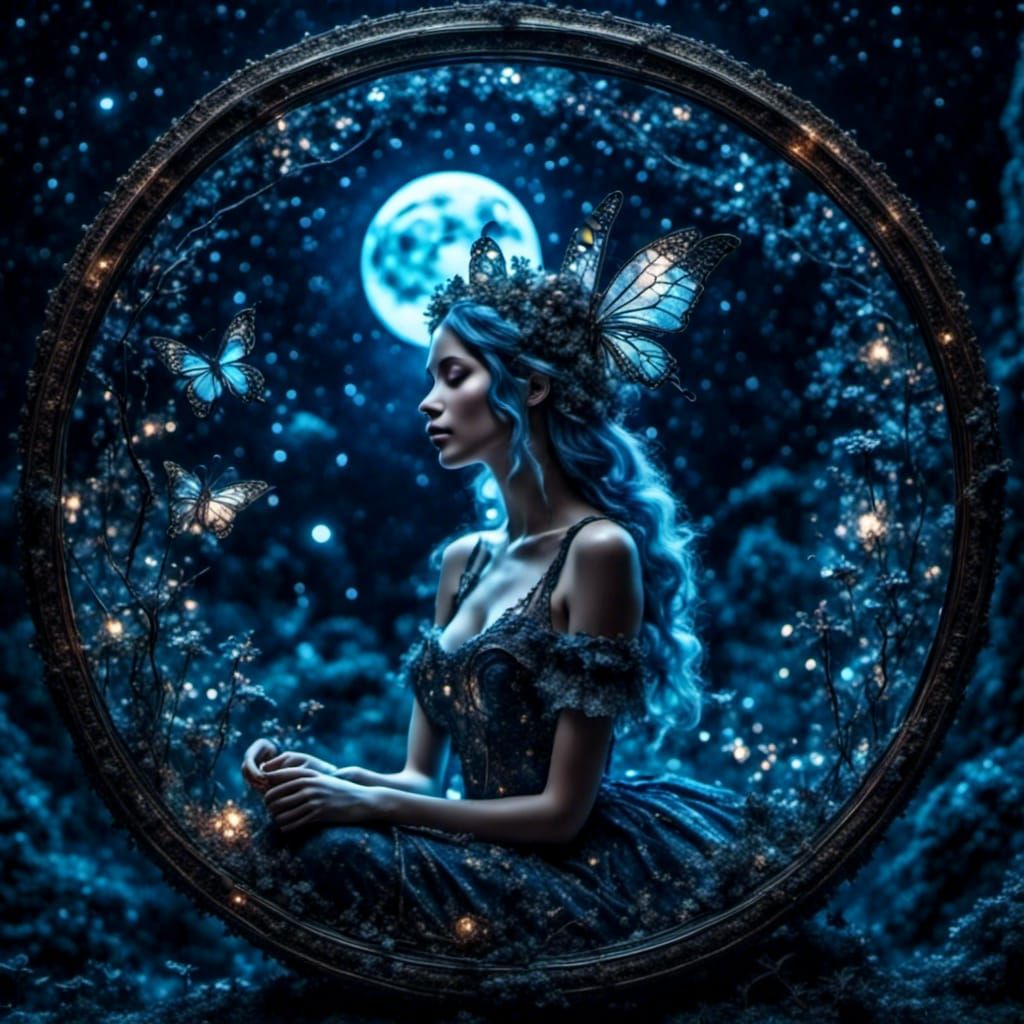 Steampunk Fairies Under Starry Night with Full Moon