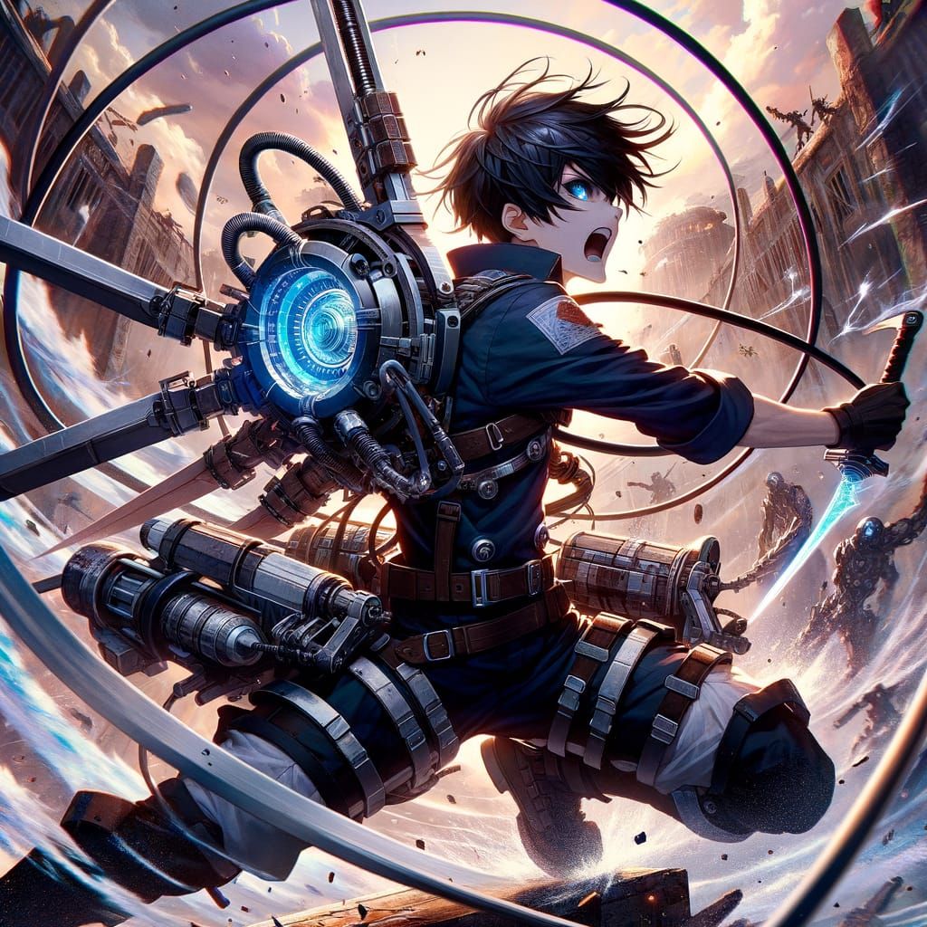 Anime Warrior in Action Amidst Cityscape Chaos