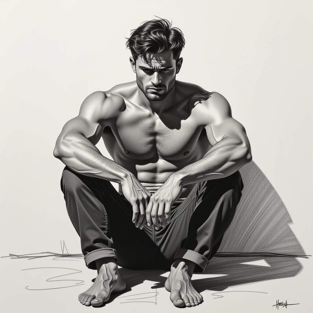 Man with Gorgeous Physique in Pencil Sketch Style