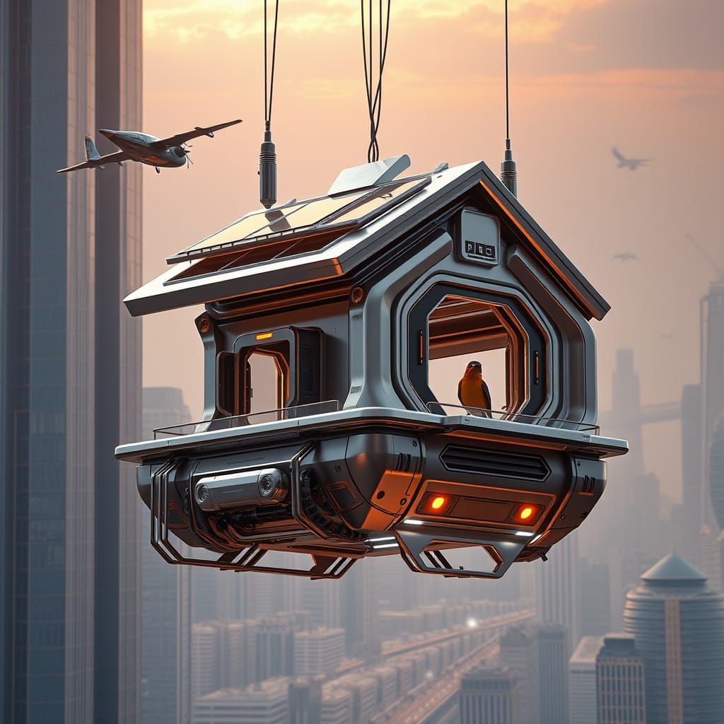 Futuristic Anti-Gravity Birdhouse in Sci-Fi Cityscape