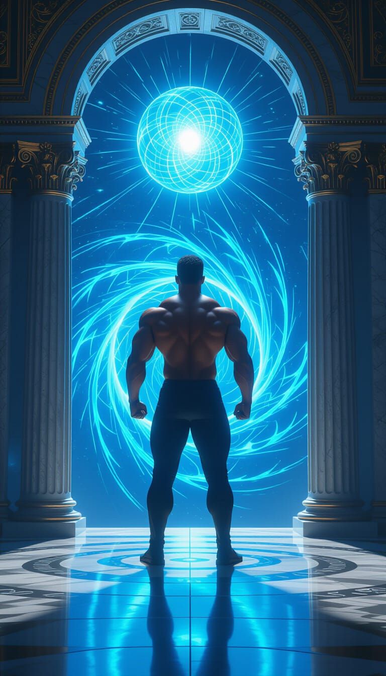 Muscular Figure Radiates Energy in Sci-Fi Doorway