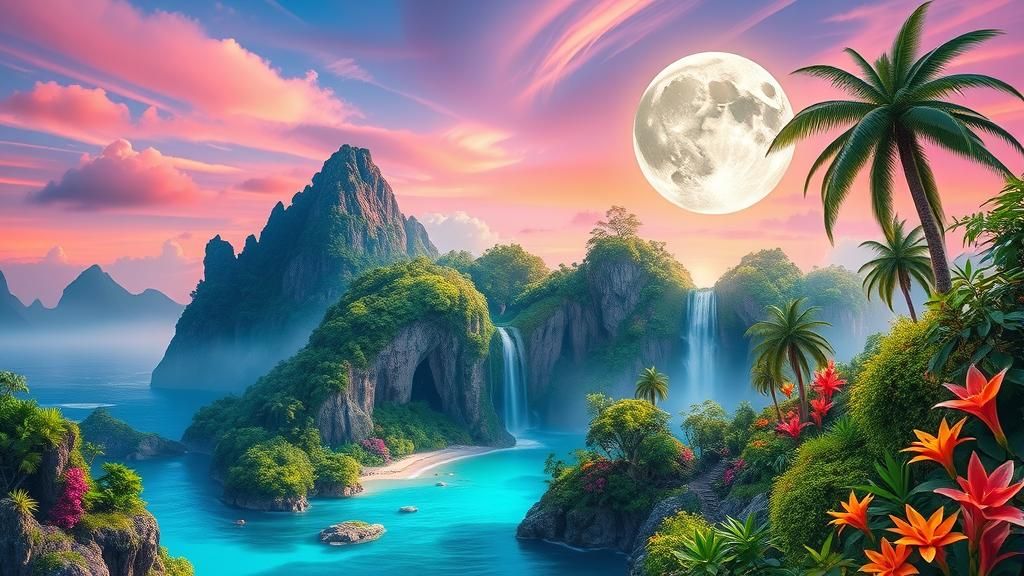 Mystical Fantasy Island with Crystal Caves and Waterfalls