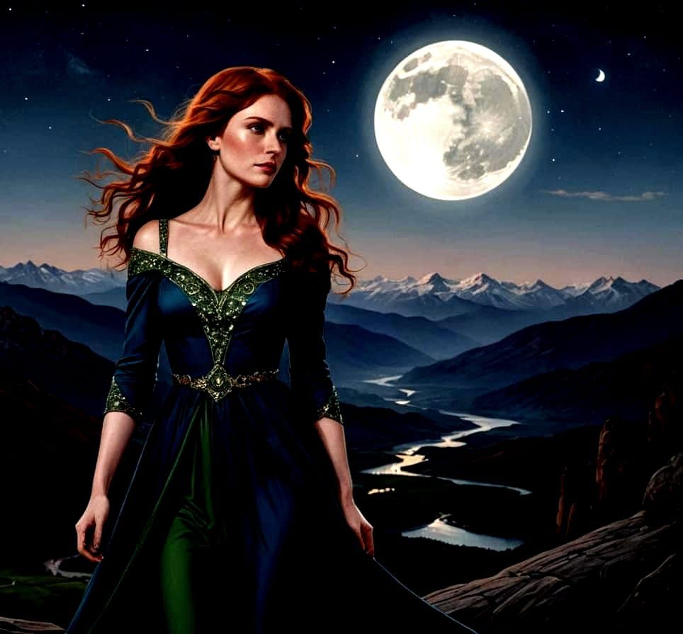 Woman in Blue Gown Under Moonlit Mountains