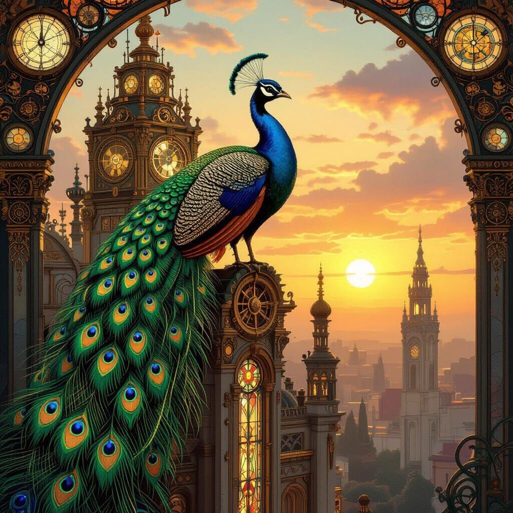 Steampunk Peacock at Ornate Temple, Art Nouveau Style