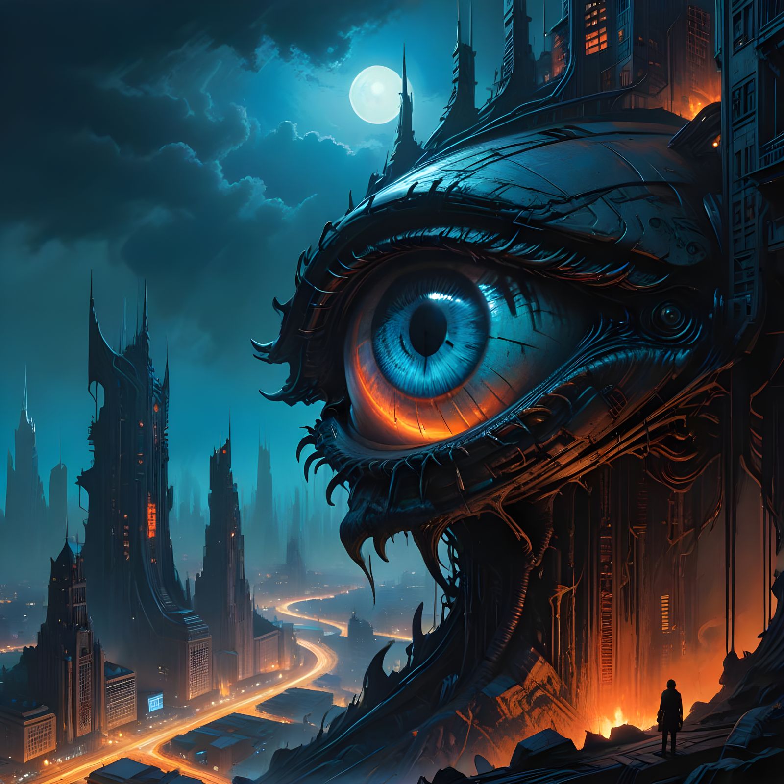 Massive Cyberpunk Horror Eye Dominates City Skyline