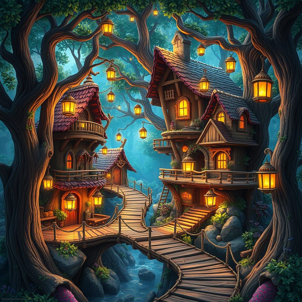 Whimsical Treehouse Village in Enchanted Forest