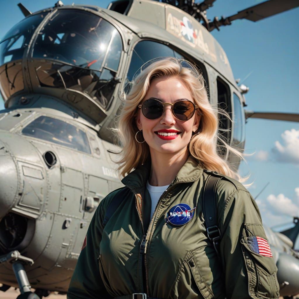 Pinup Girl in Vintage Flight Gear Smiling in Front of a Viet...