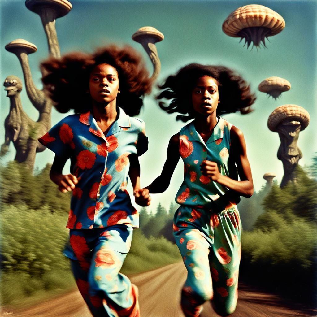 Women Fleeing Aliens in Vintage Photorealism Style