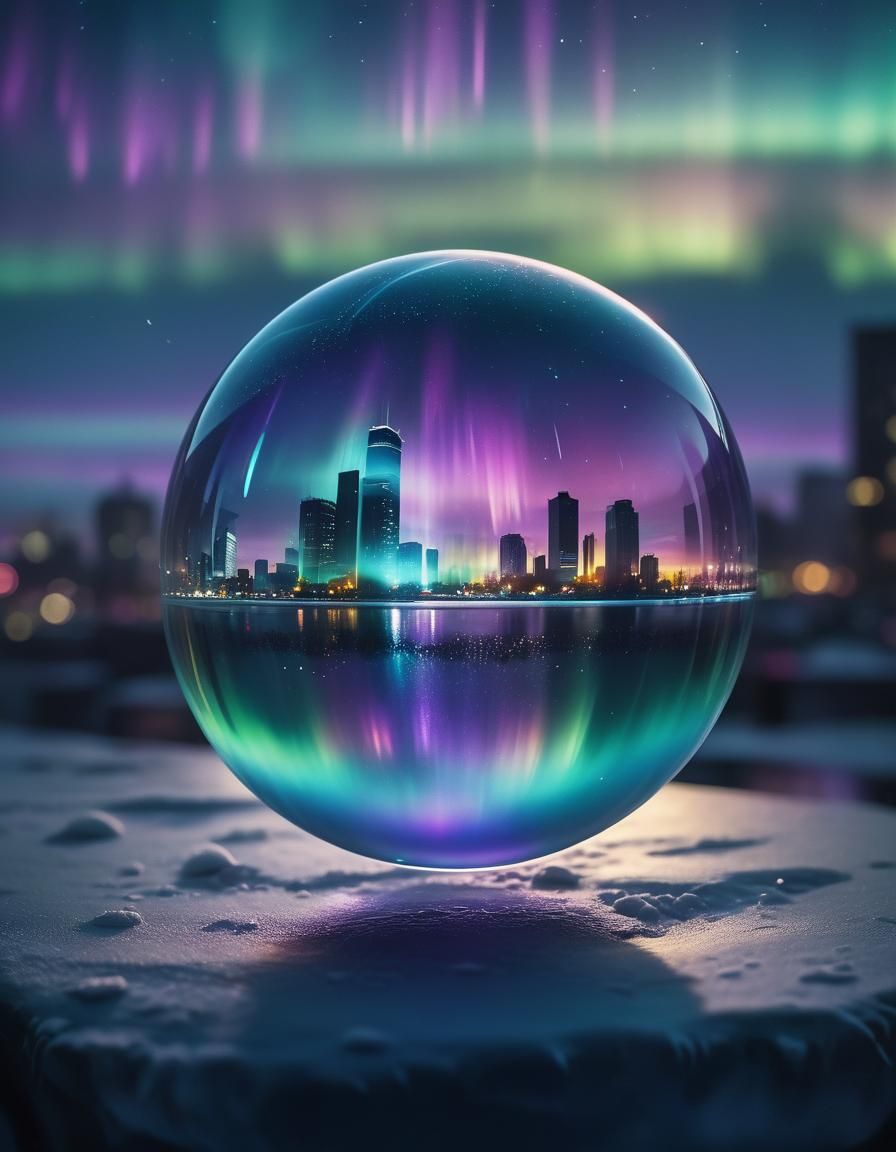 Glass Orb Over City at Night, Aurora Borealis