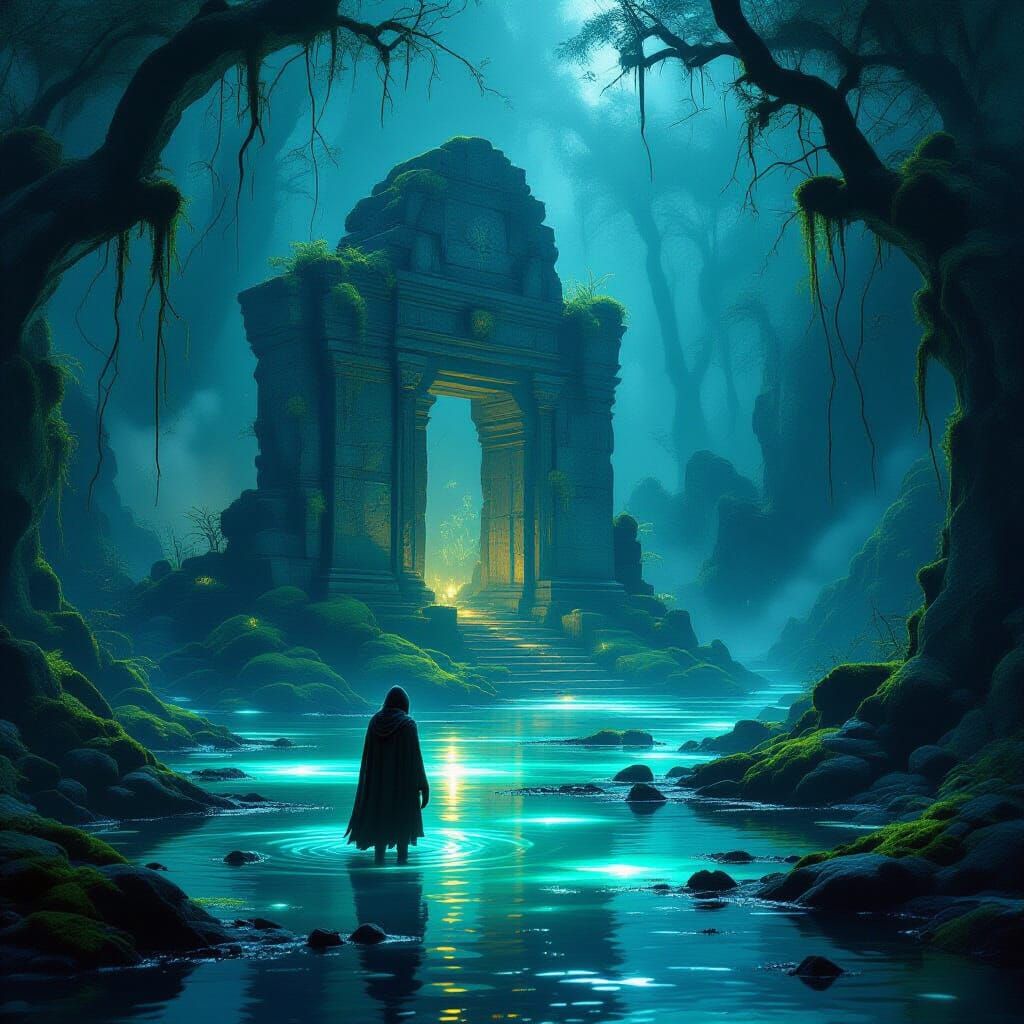 Ancient Ruin in Bioluminescent Alien Swamp