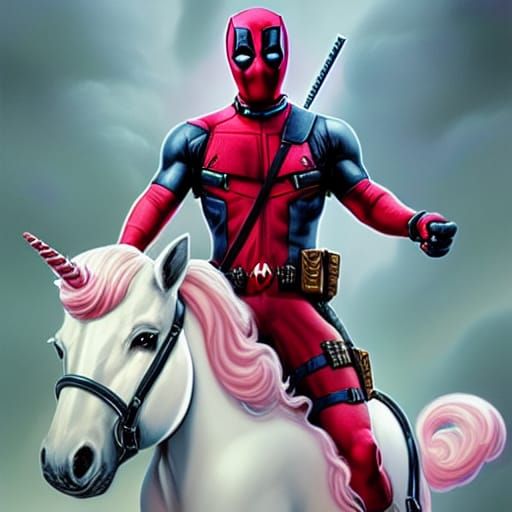 Deadpool Rides a Pink Unicorn in Comic Art Style