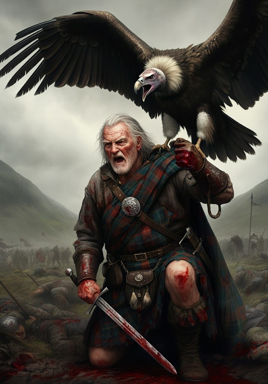 **A realistic digital painting depicts an elderly Scottish warrior kneeling on a battlefield in the Highlands. He wears ...