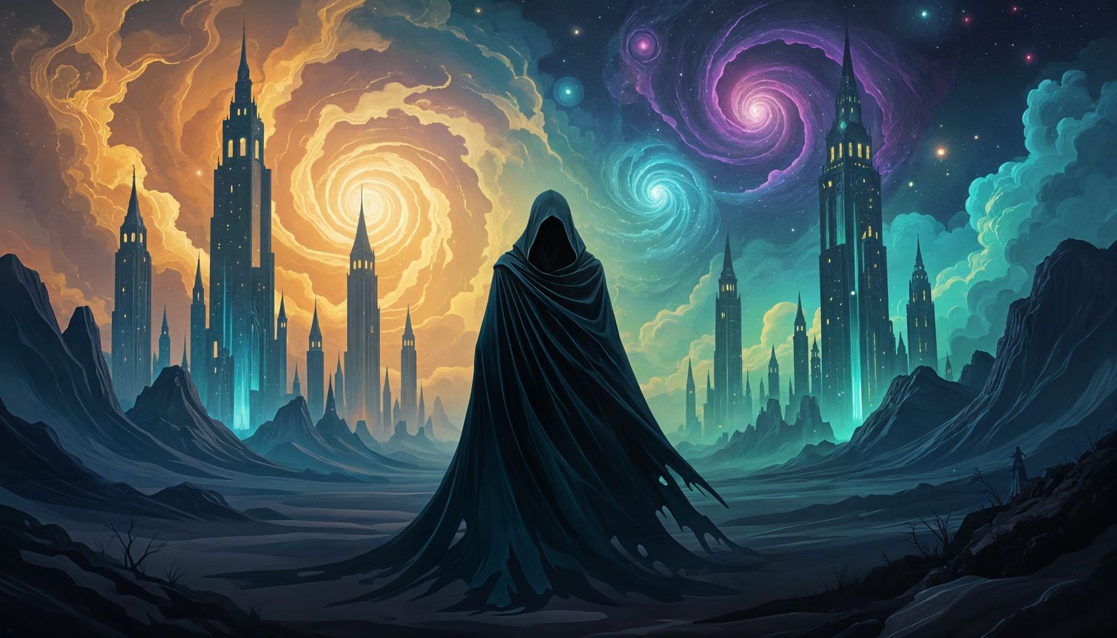 Mysterious Shadow Figure in Dreamlike Galactic Landscape