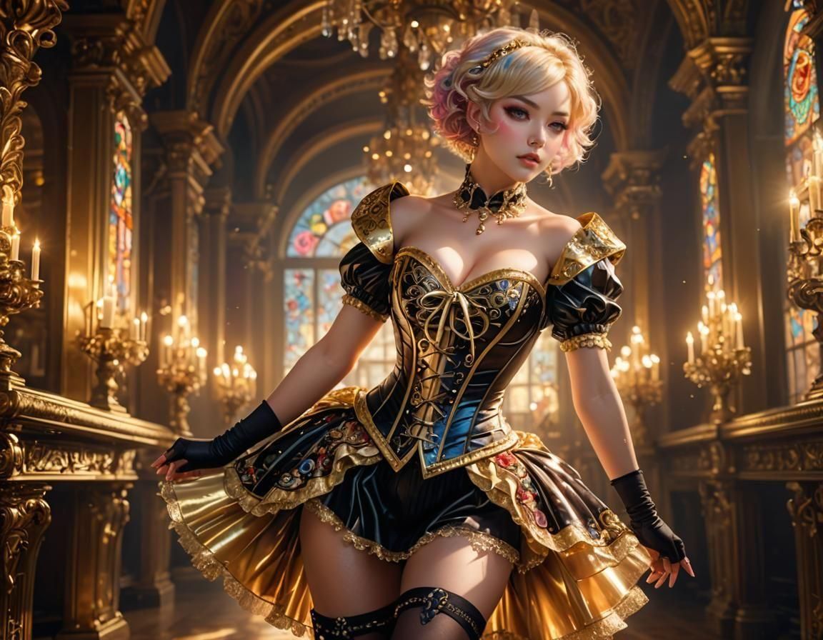 Colorful Haired Woman in Extravagant Corset: Detailed Digita...