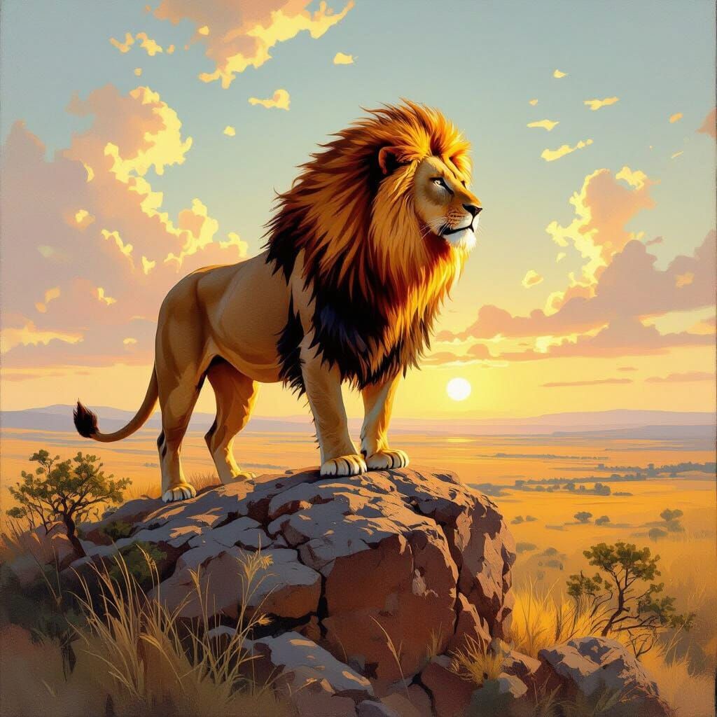 Fiery Lion Overlooking Savanna as Oil Painting