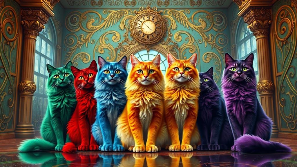 Grandiose Baroque Cats in Whimsical Art Nouveau Fantasy