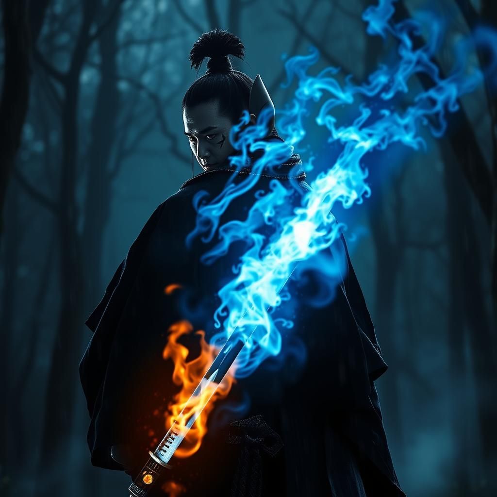 Blue Flame Samurai in Moonlit Forest