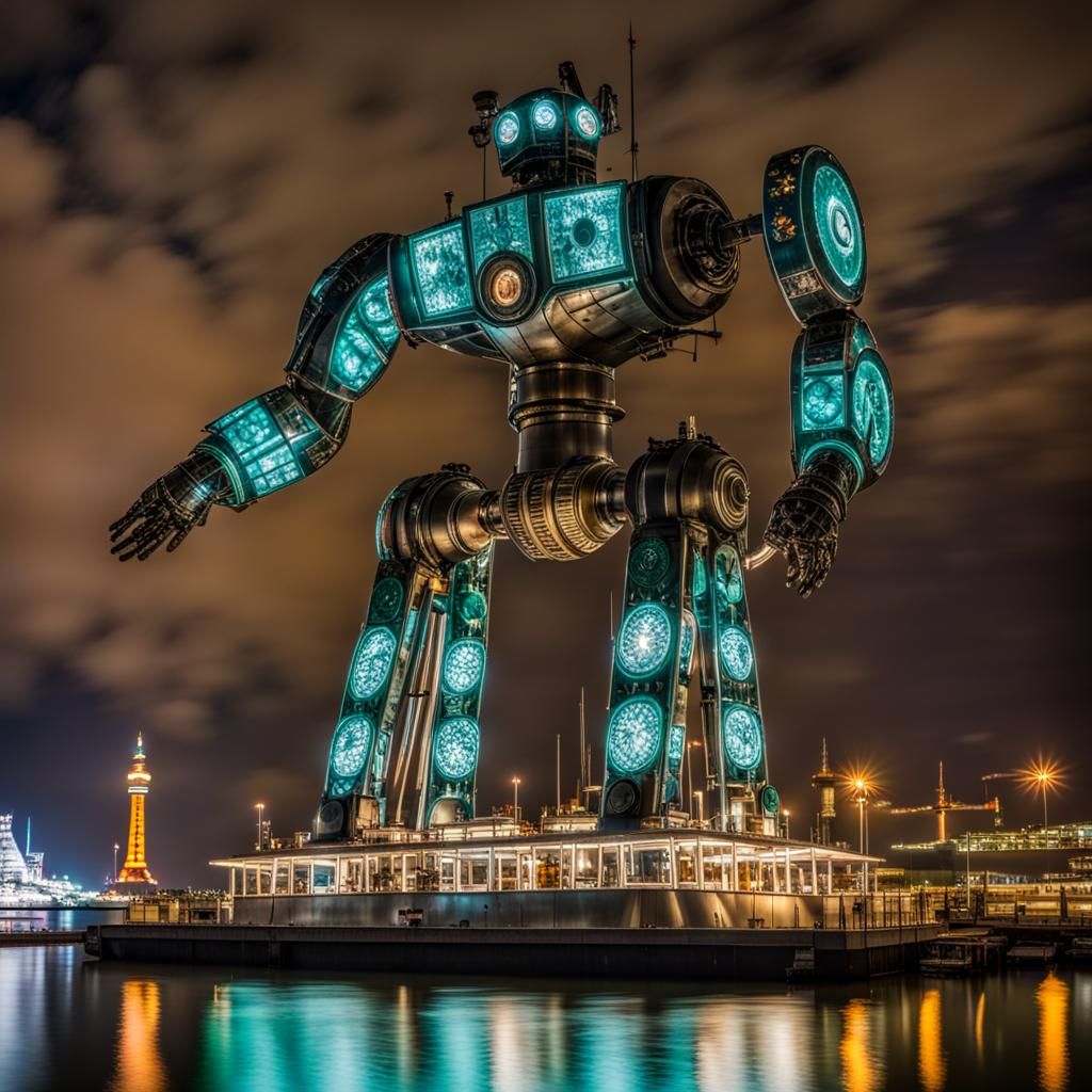 Colossal Art Deco Robot Sculpture Over Harbor