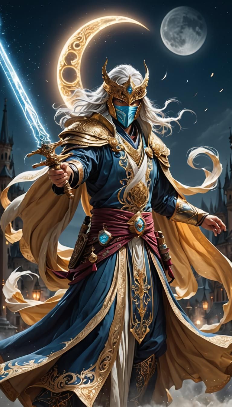 Battle Mage in Flowing Robes Shimmers in Moonlight