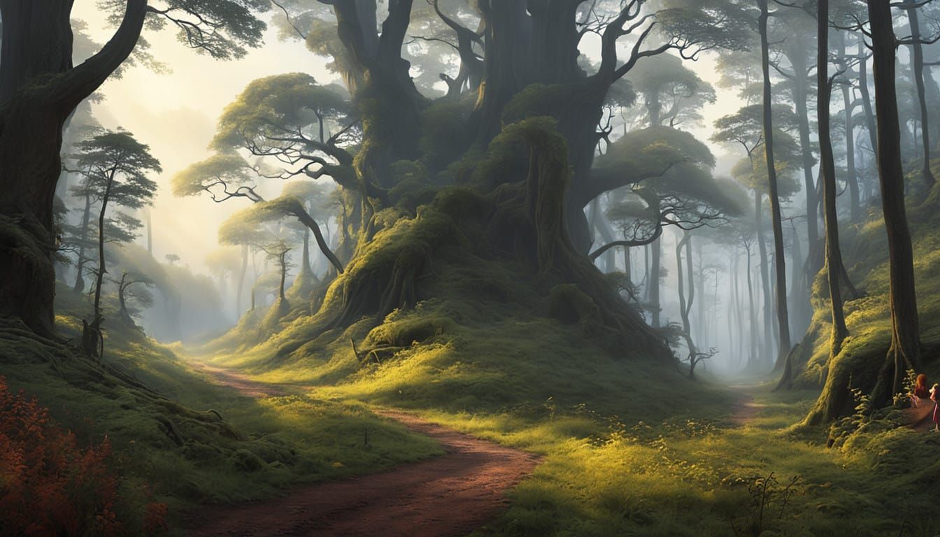 Ethereal Girl Walks a Mysterious Forest Path