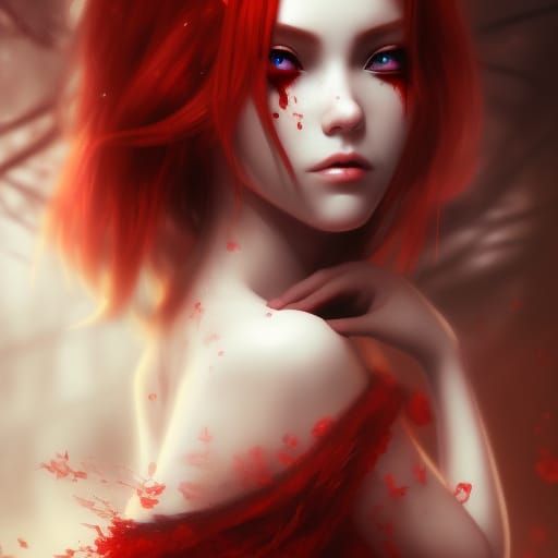 Red Woman with Bleeding Eyes, Dark Fantasy Art