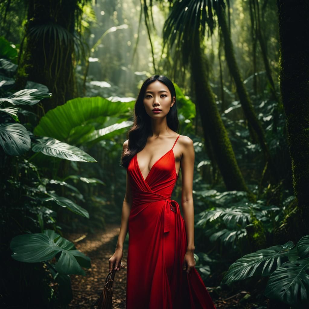 Cinematic Rainforest Scene with Chinese Model
