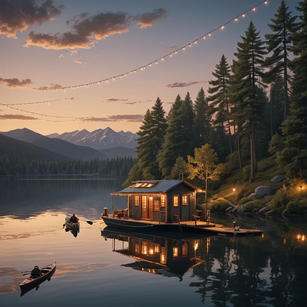 Houseboat on Calm Lake at Sunset