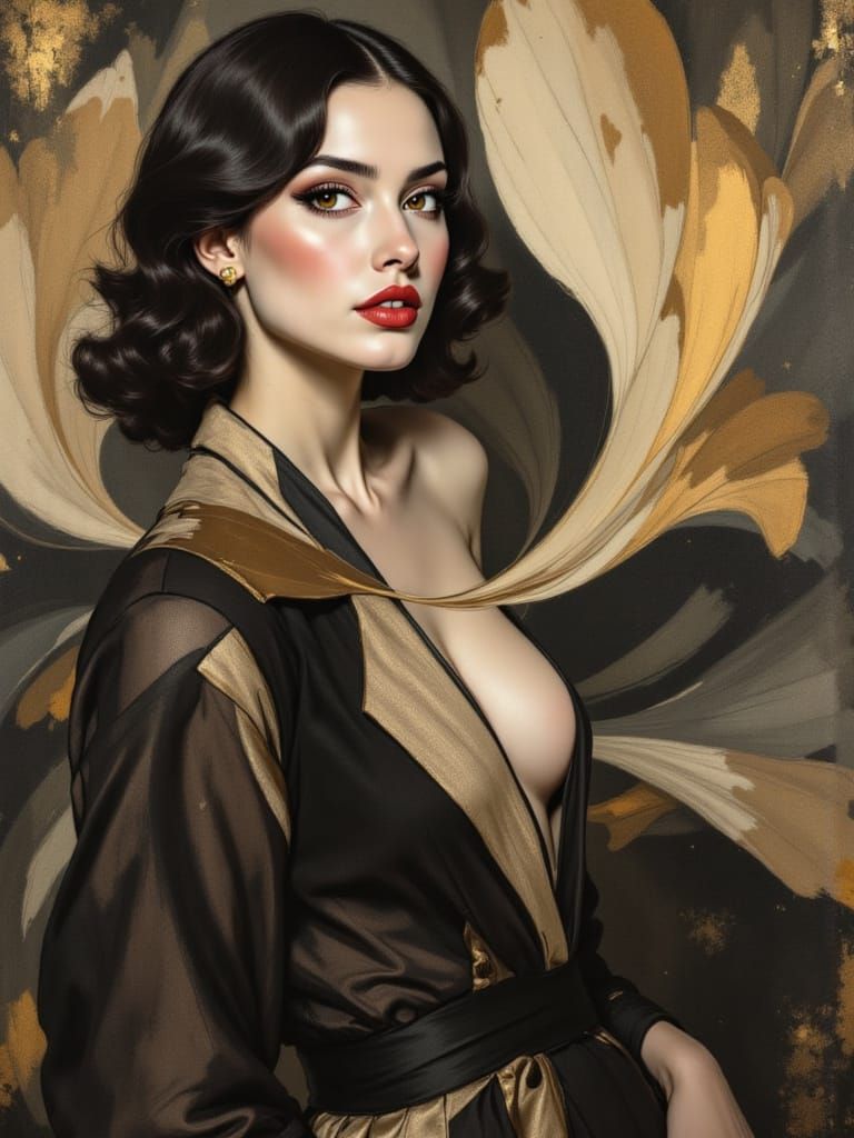 Polish Art Deco Queen Portrayed in Charcoal and Gold