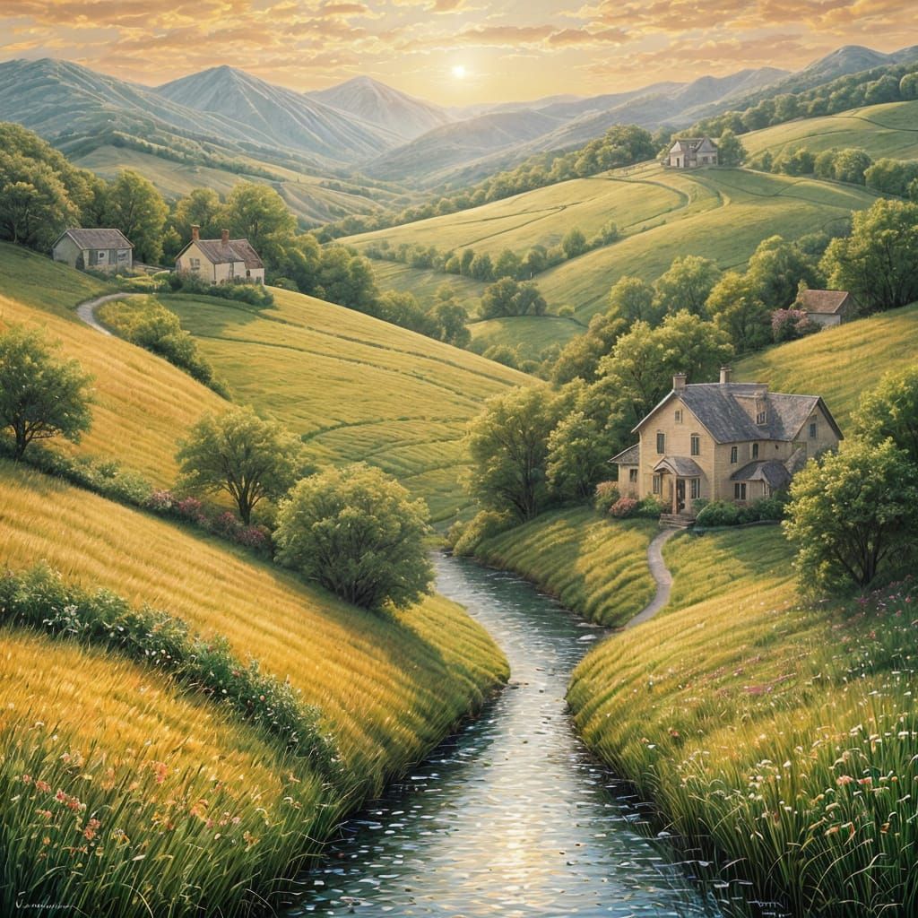 Dreamy Pastoral Landscape with Hidden Cat Face