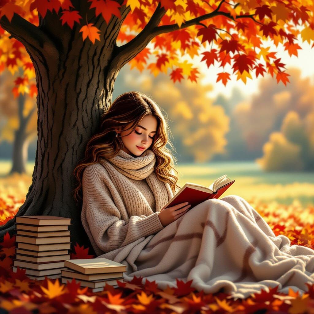 Girl Dreaming Under Autumn Tree in Hyperrealistic Style