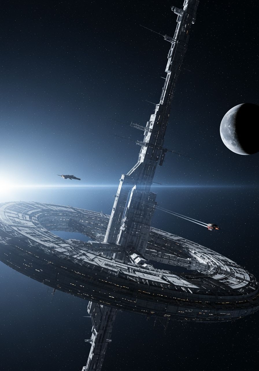 Immense Space Station with Umbilical Beanstalk & Moon