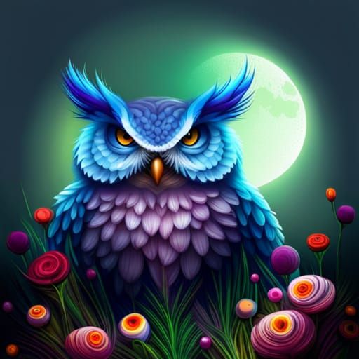 Cute Blue Owl with Fractal Flowers in Pixel Art