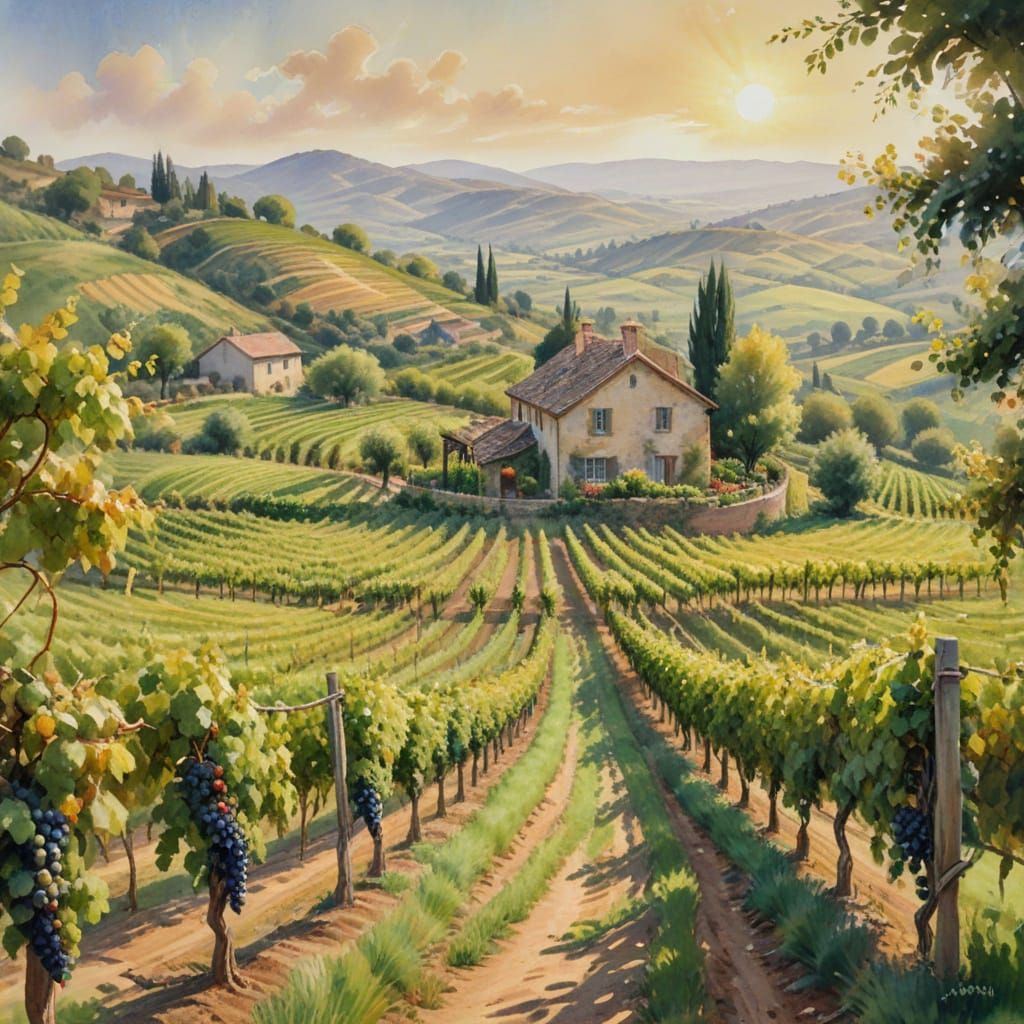 Impressionist Watercolor Vineyard Landscape with Rolling Hil...
