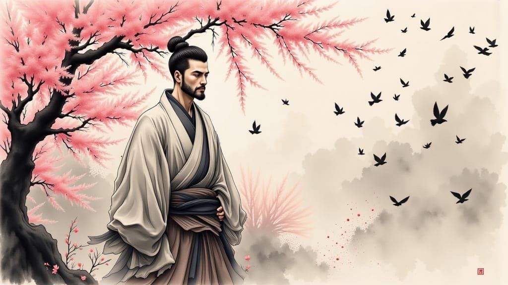 Samurai in Cherry Blossoms: Japanese Art Style
