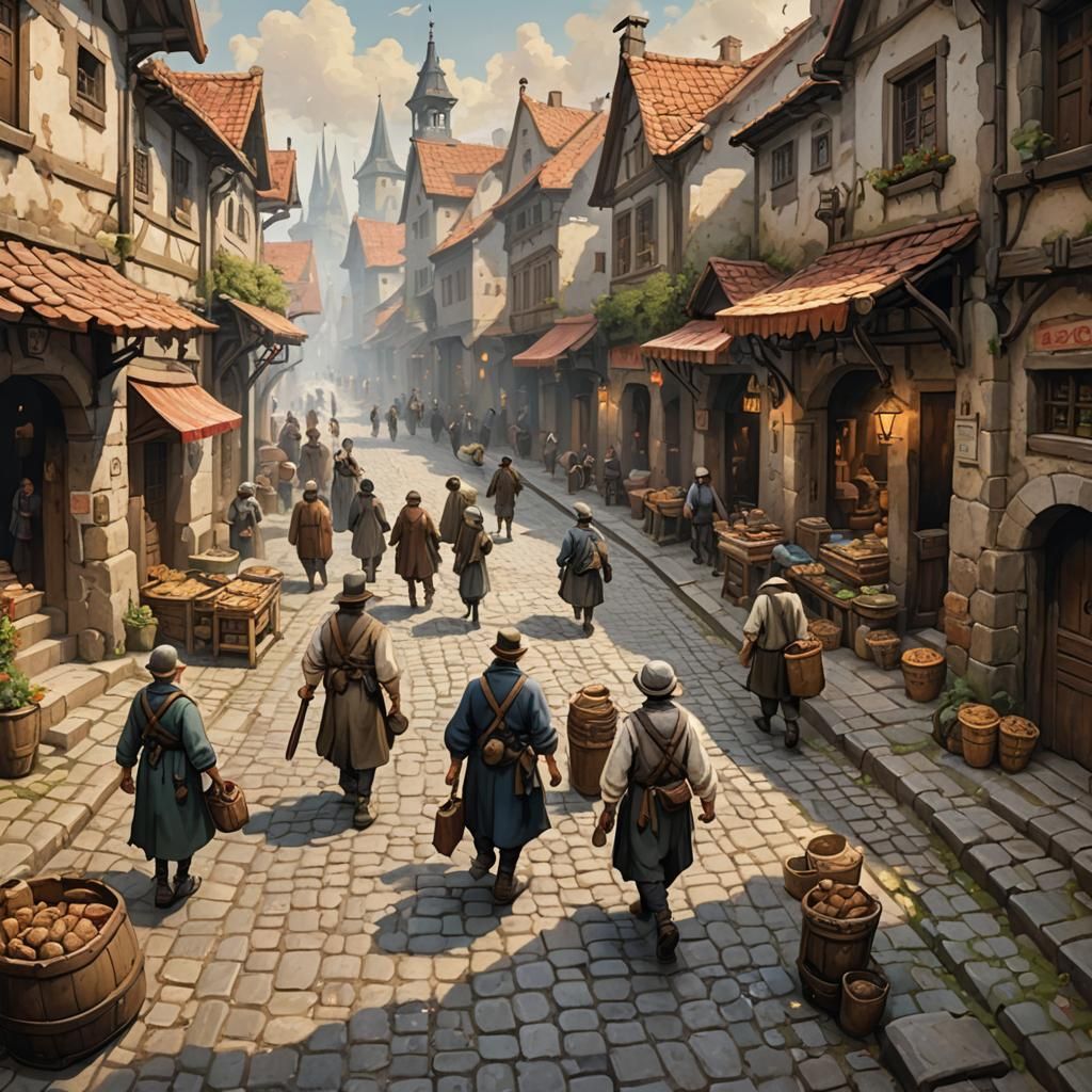 Bustling Cobblestone Street Scene in Fantasy Style