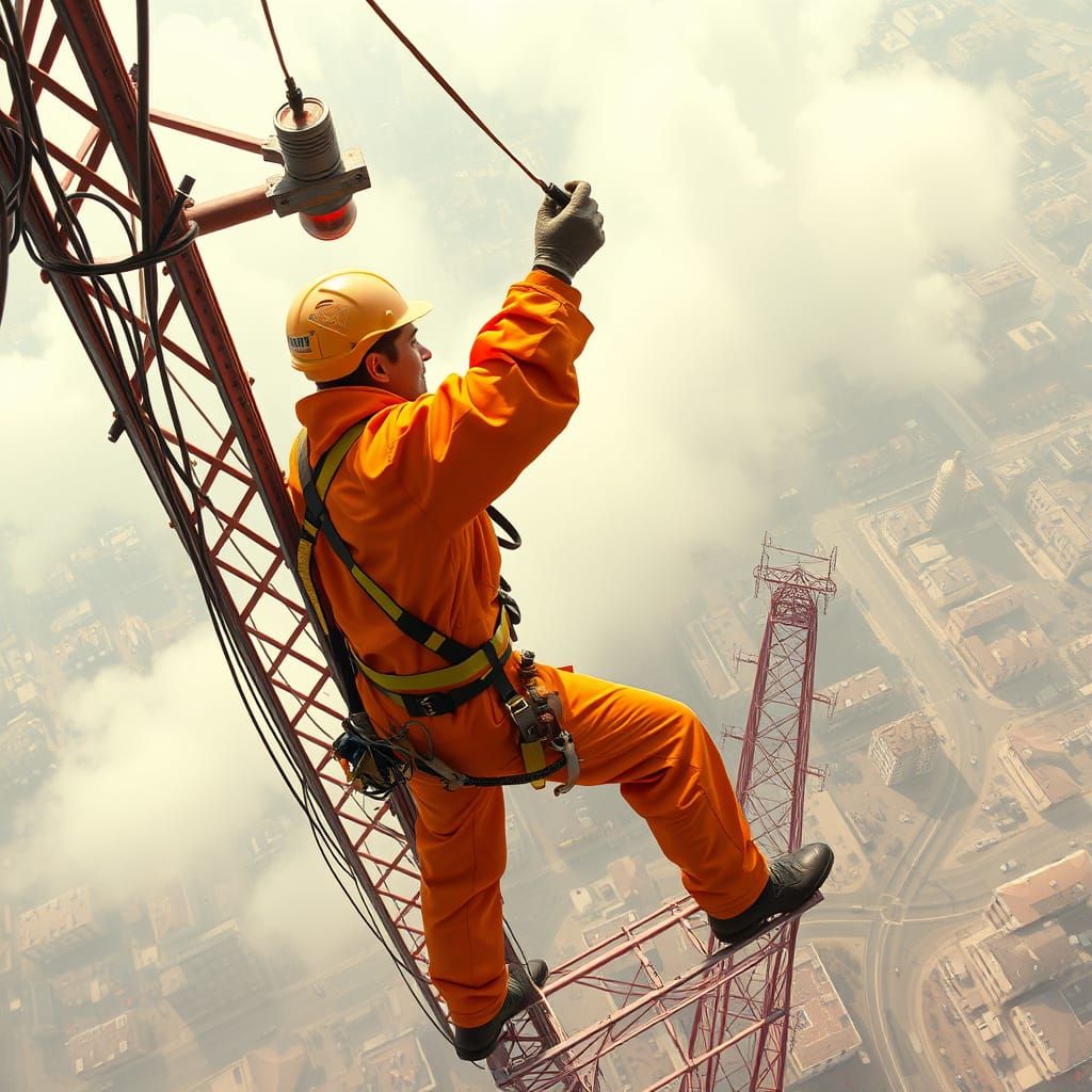 Surreal Antenna Repair Above Small Town