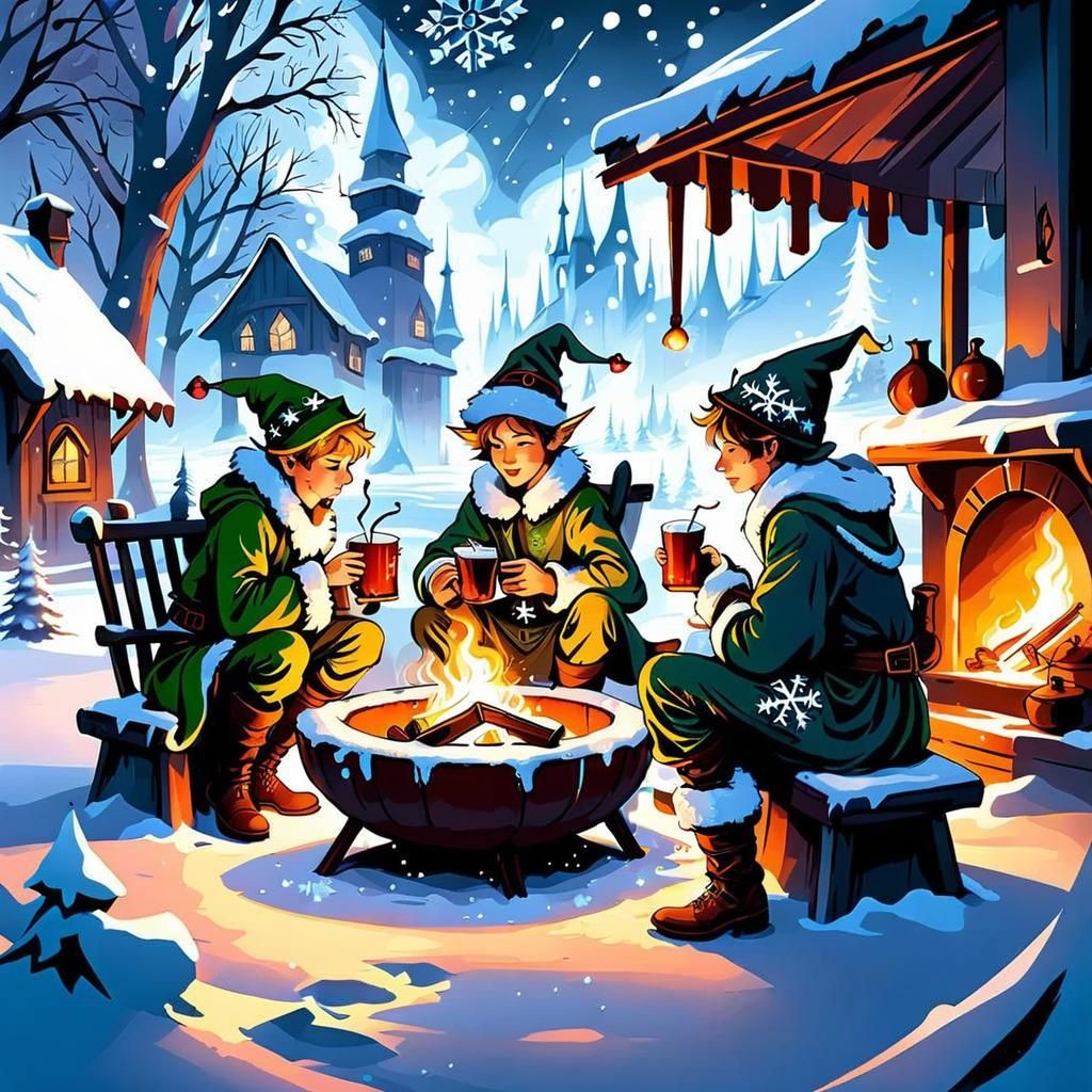 Elves Relaxing by Fire in Winter Wonderland