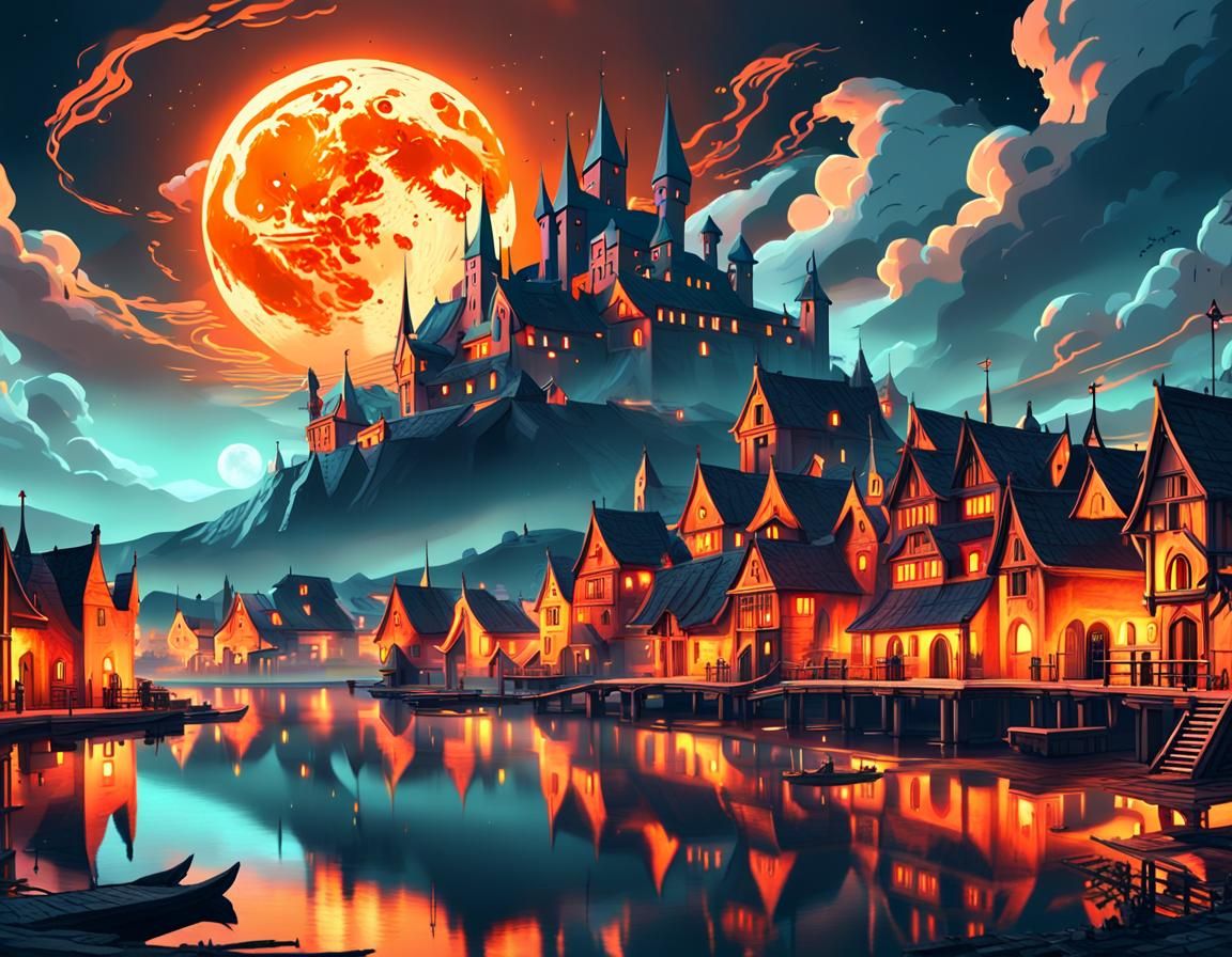 Luminescent Moon Over Medieval Village in Digital Art
